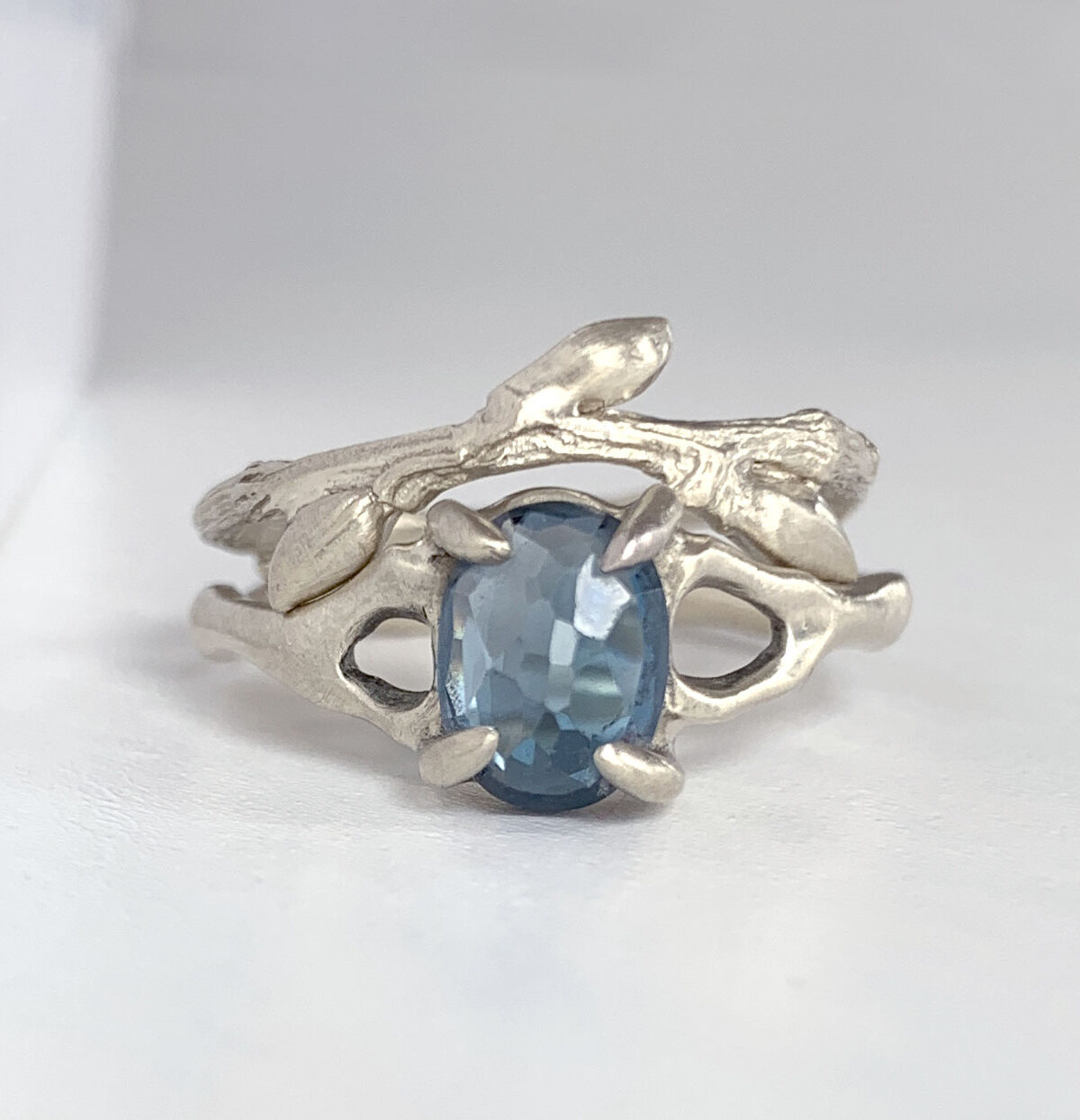 Twig Ring Set in Recycled White Gold with London Blue Topaz