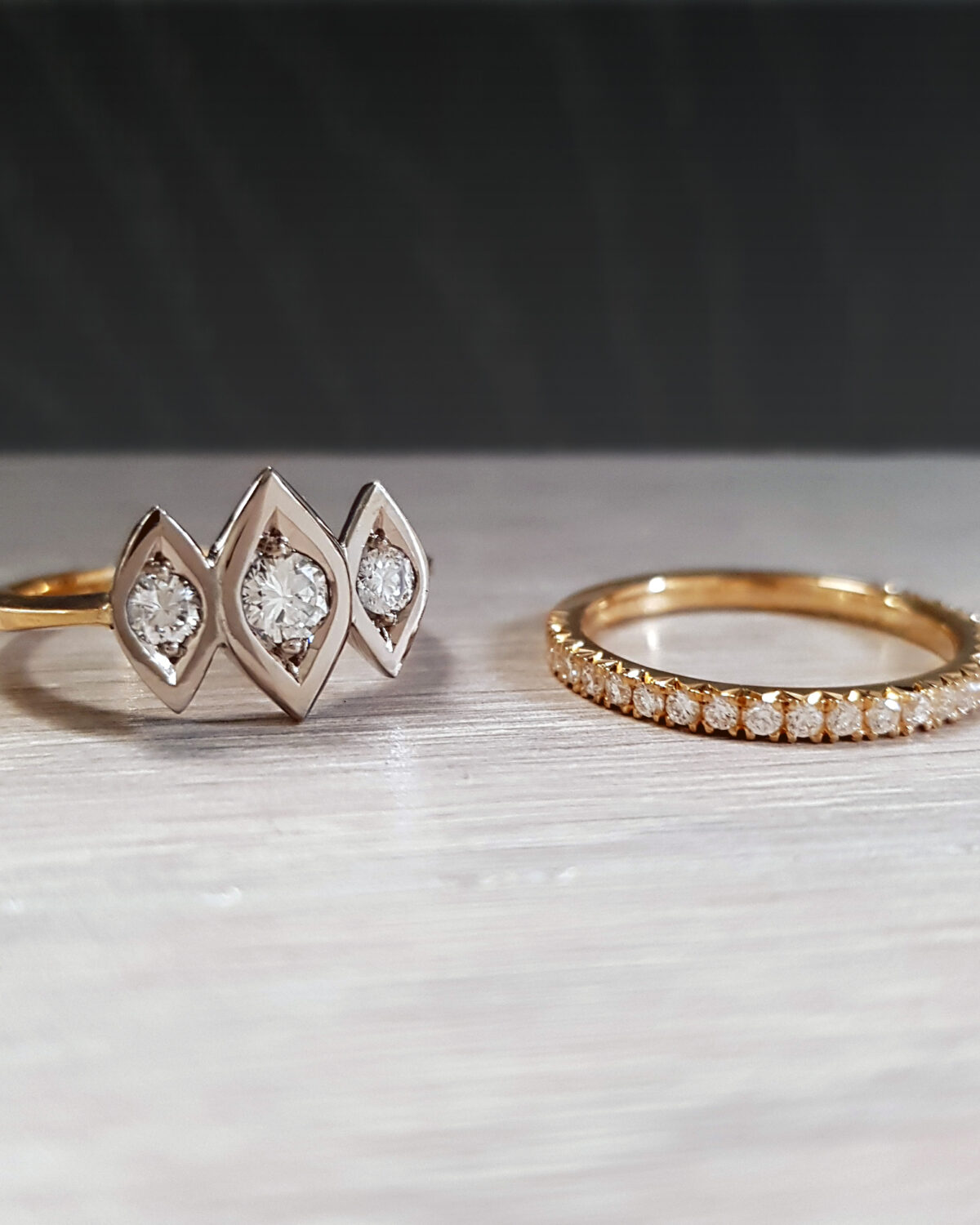 Wedding and engagement ring set reusing heirloom diamonds in white and a bespoke blush coloured 18k gold.