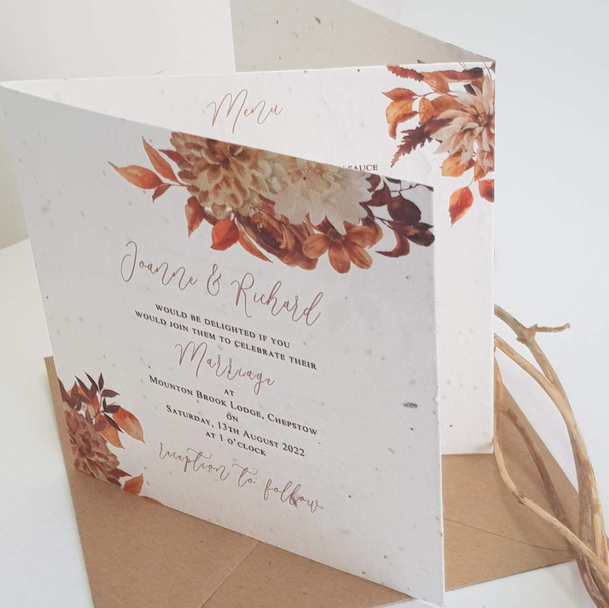 Autumn theme concertina wedding invitation printed onto plantable seeded paper
